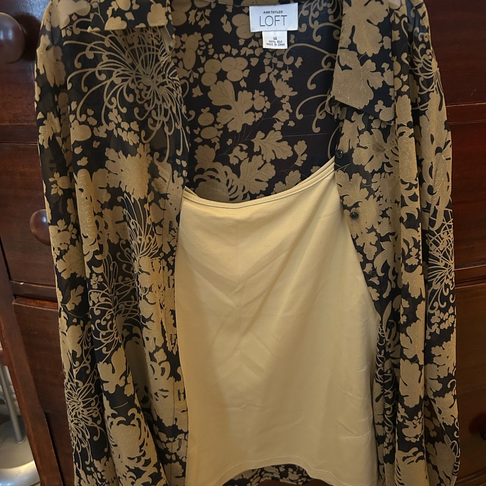 LOFT Black and Gold Floral Silk Blouse